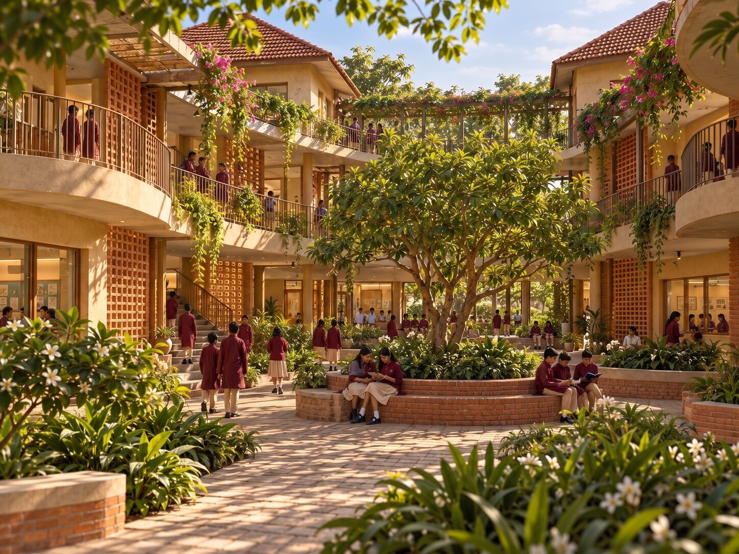 Visualisation of the planned central courtyard, classrooms on three floors around a tree
