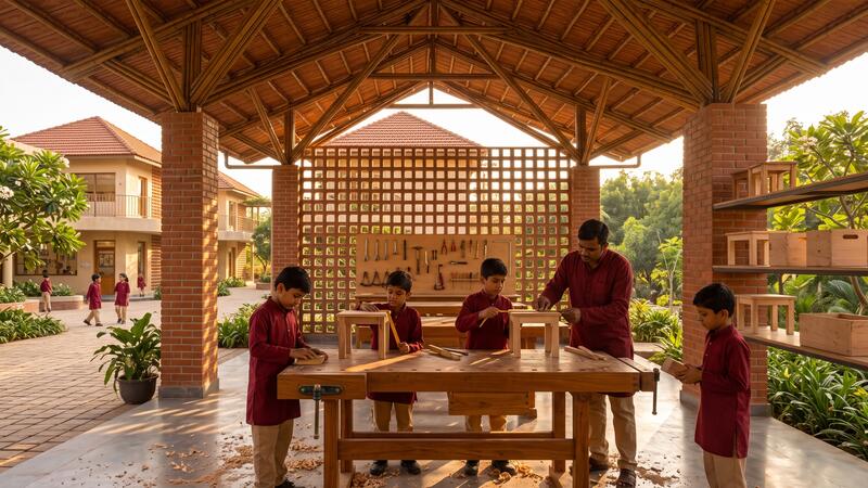 Visualisation: children in maroon kurtas at a workbench in the skill pavilion, one holding a plank steady while another saws