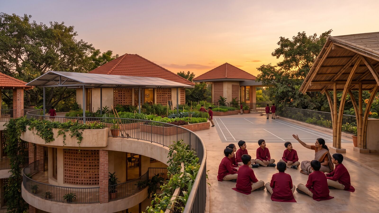 Visualisation: a class sits in a circle on a planned terrace at sunset