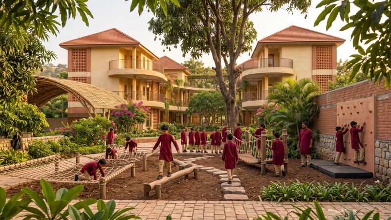 Visualisation: a ground-level obstacle course between large shade trees