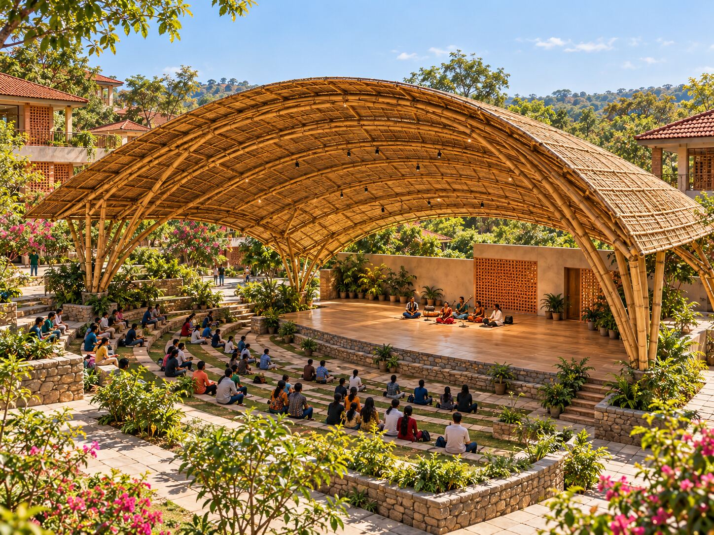 Visualisation: older children sit in the planned bamboo amphitheatre