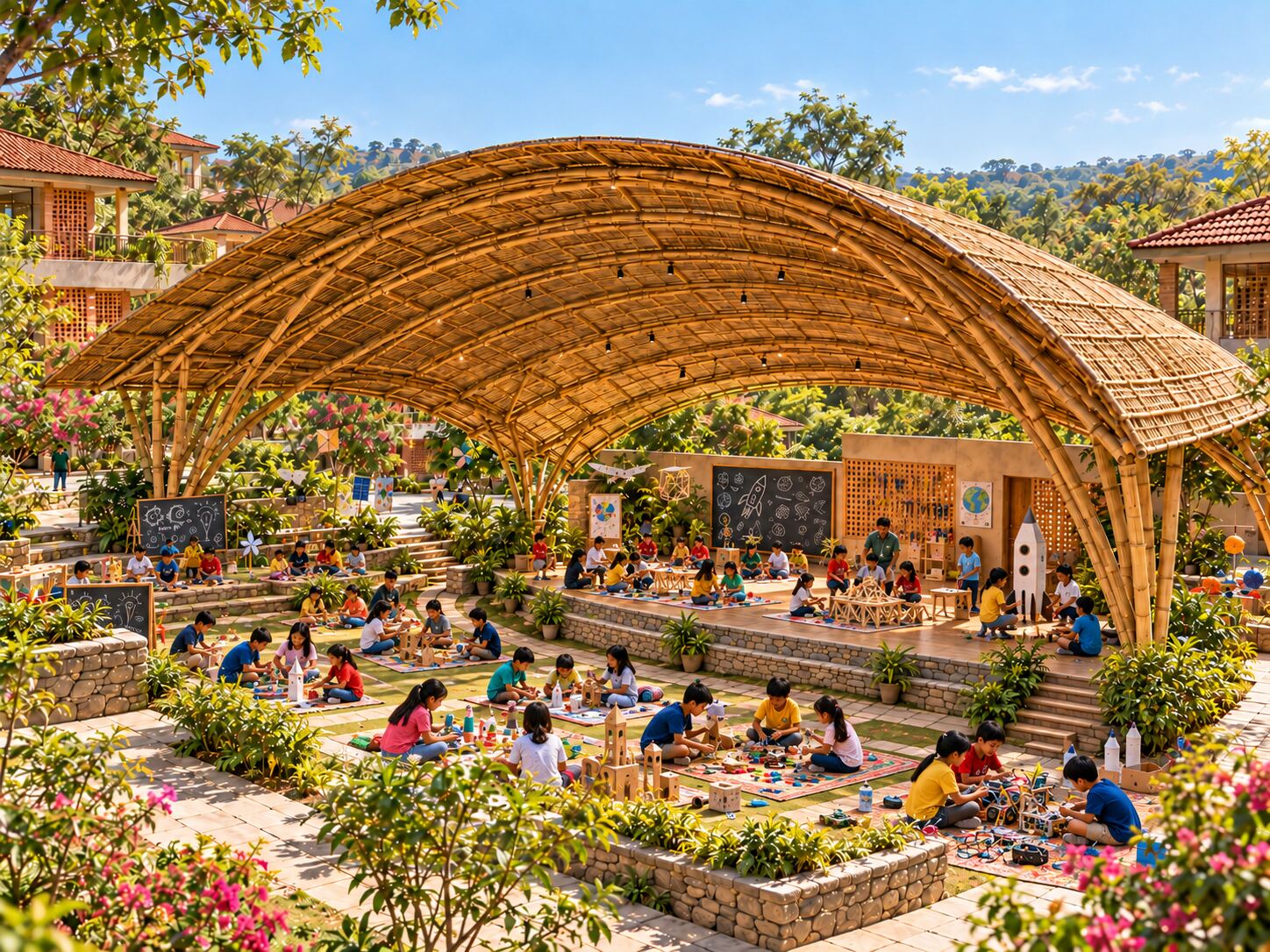 Visualisation: children making things in the amphitheatre under a bamboo roof