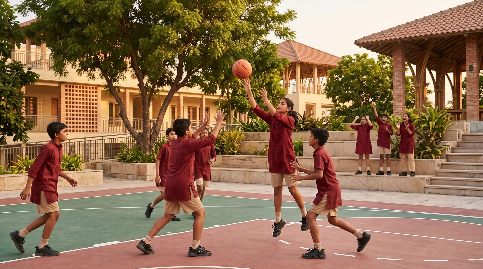 Visualisation: boys in maroon kurtas play basketball on a green and red court, one jumping to shoot, with seating steps and a tiled pavilion behind