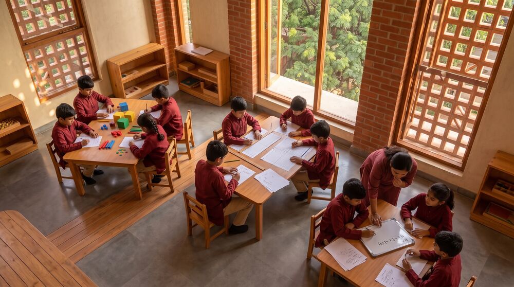 Visualisation: children in maroon uniforms work in three groups at different tables, each group with different work, in a bright brick classroom seen from above
